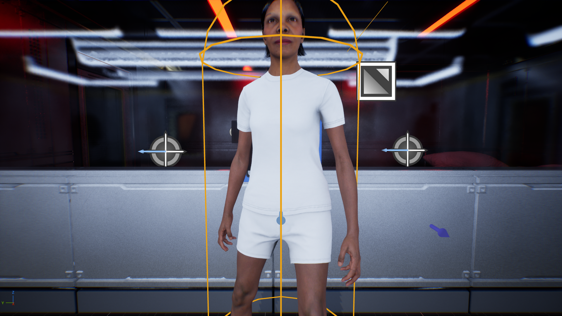 LightKeeper Unreal prototype showing a character inside a neon observation room with collision debug shapes