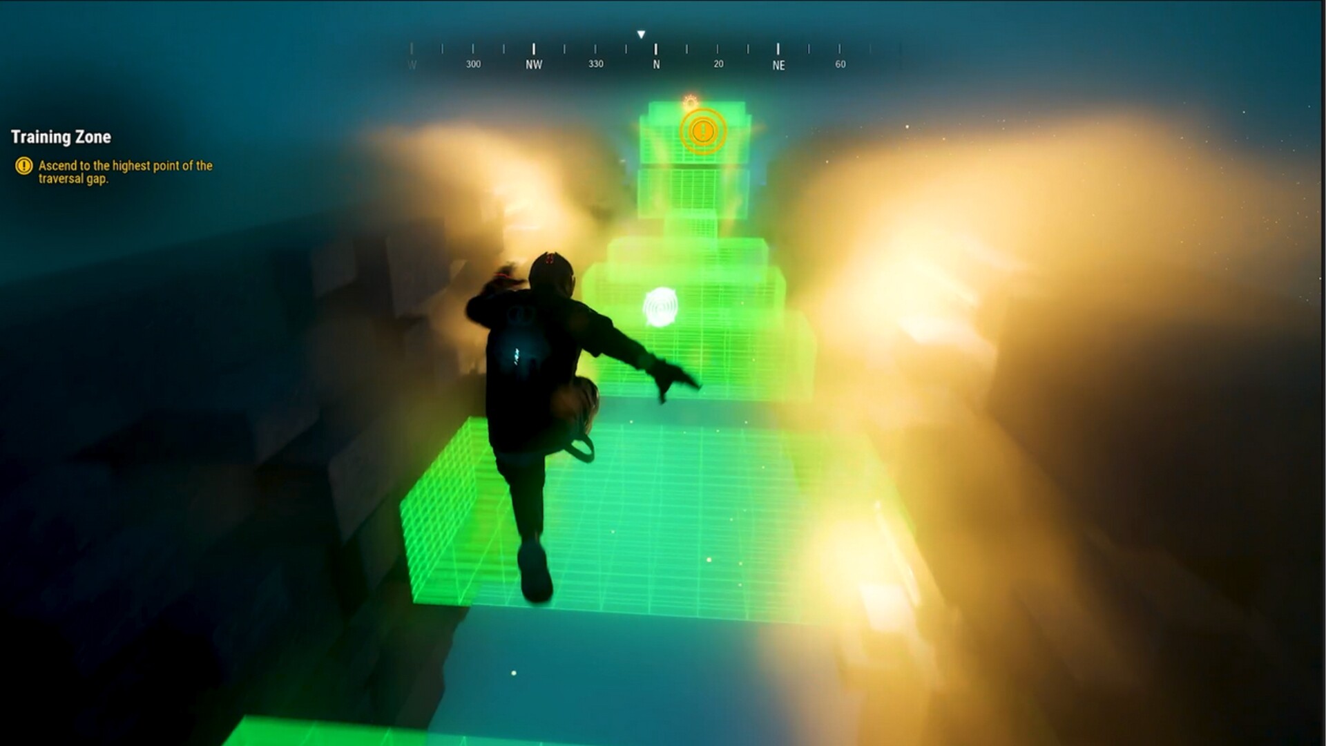 RHM gameplay showing a player traversing a holographic training route